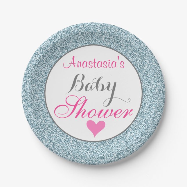 Girly Glam Pink Light Sky Blue Glitter Baby Shower Paper Plate (Front)
