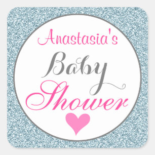 Girly Glam Pink Light Sky Blue Glitter Baby Shower Square Sticker