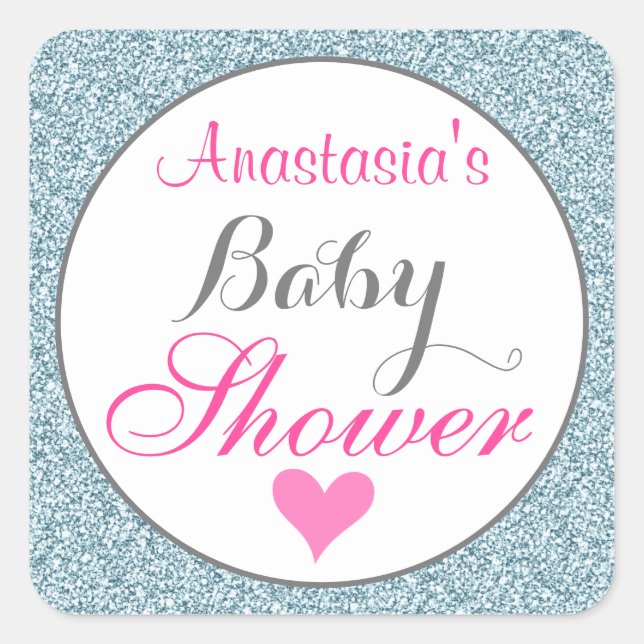 Girly Glam Pink Light Sky Blue Glitter Baby Shower Square Sticker (Front)