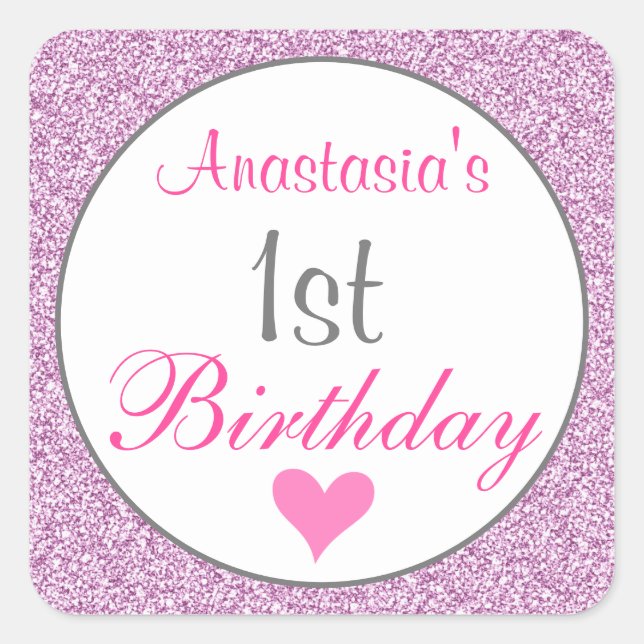 Girly Glam Pink Lilac Purple Glitter 1st Birthday Square Sticker (Front)