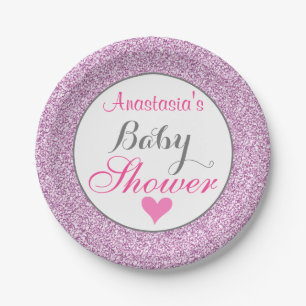 Girly & Glam Pink Lilac Purple Glitter Baby Shower Paper Plate