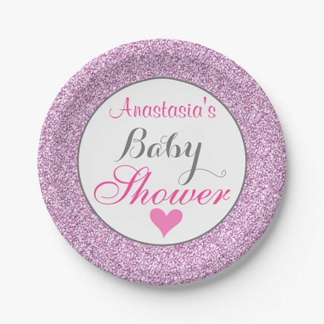 Girly & Glam Pink Lilac Purple Glitter Baby Shower Paper Plate (Front)