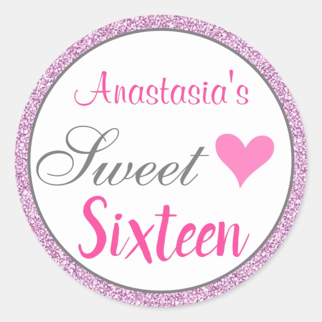 Girly Glam Pink Lilac Purple Glitter Sweet Sixteen Classic Round Sticker (Front)