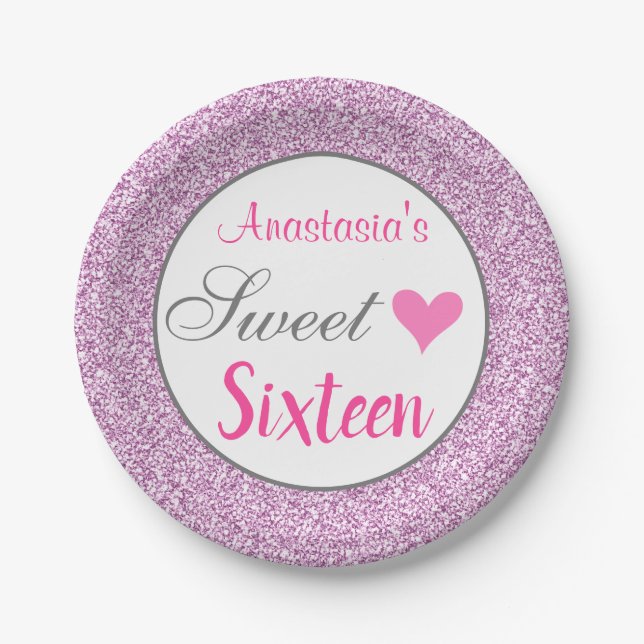 Girly Glam Pink Lilac Purple Glitter Sweet Sixteen Paper Plate (Front)
