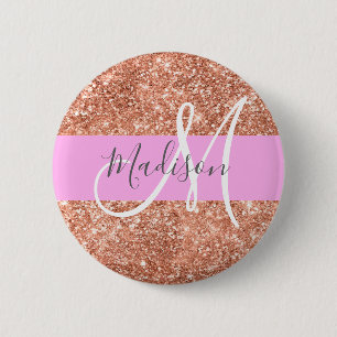 Girly Glam Pink Peach Gold Glitter Monogram Name 6 Cm Round Badge