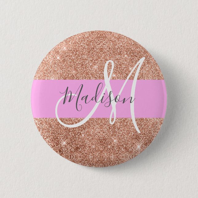 Girly Glam Pink Peach Gold Glitter Monogram Name 6 Cm Round Badge (Front)