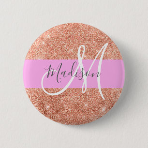 Girly Glam Pink Peach Gold Glitter Monogram Name 6 Cm Round Badge