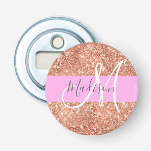Girly Glam Pink Peach Gold Glitter Monogram Name Bottle Opener