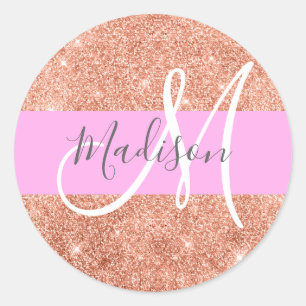 Girly Glam Pink Peach Gold Glitter Monogram Name Classic Round Sticker