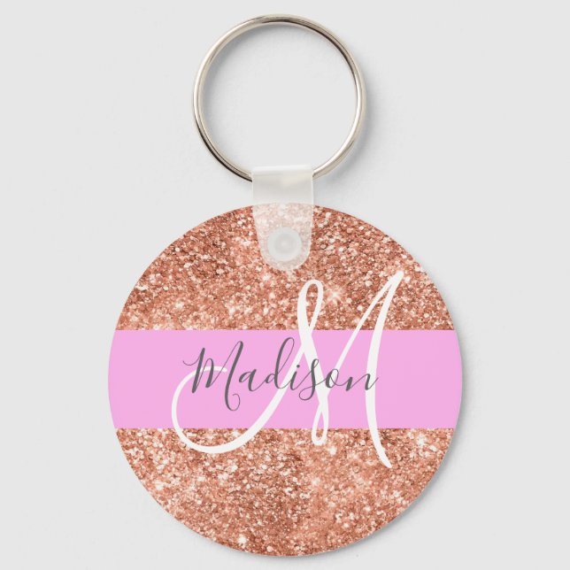 Girly Glam Pink Peach Gold Glitter Monogram Name Key Ring (Front)