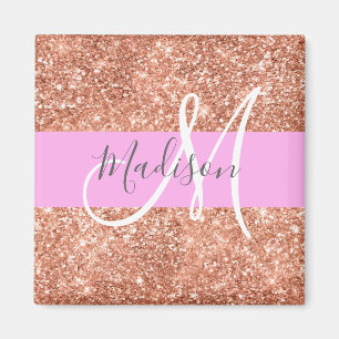 Girly Glam Pink Peach Gold Glitter Monogram Name Magnet
