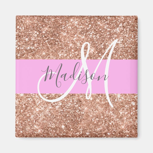 Girly Glam Pink Peach Gold Glitter Monogram Name Magnet (Front)
