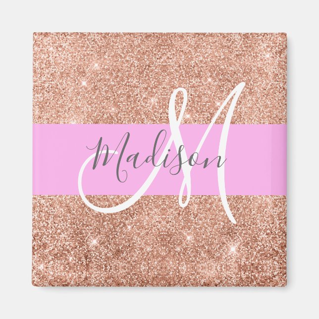 Girly Glam Pink Peach Gold Glitter Monogram Name Magnet (Front)