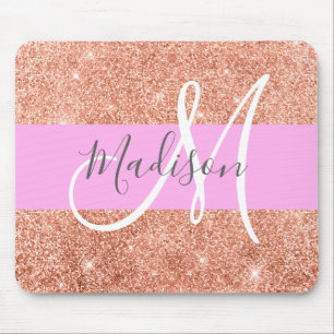 Girly Glam Pink Peach Gold Glitter Monogram Name Mouse Mat