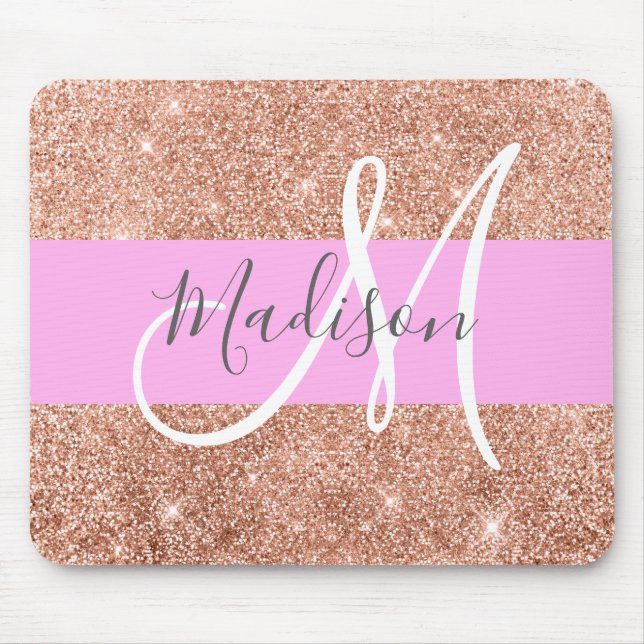 Girly Glam Pink Peach Gold Glitter Monogram Name Mouse Mat (Front)