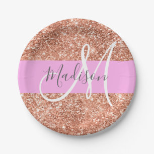 Girly Glam Pink Peach Gold Glitter Monogram Name Paper Plate