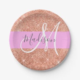 Girly Glam Pink Peach Gold Glitter Monogram Name Paper Plate