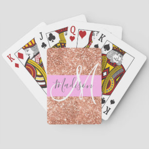 Girly Glam Pink Peach Gold Glitter Monogram Name Playing Cards