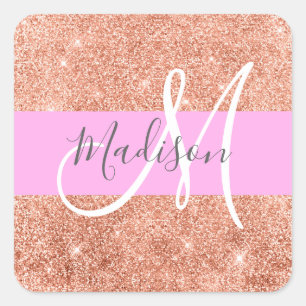 Girly Glam Pink Peach Gold Glitter Monogram Name Square Sticker