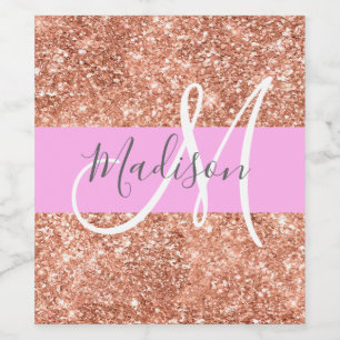 Girly Glam Pink Peach Gold Glitter Monogram Name Wine Label