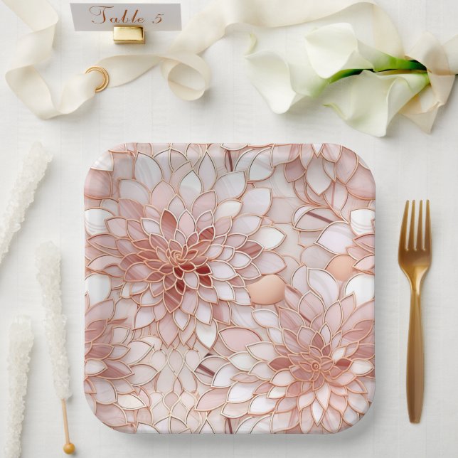 Girly Glam Pink Rose Gold Floral Paper Plate (Wedding)