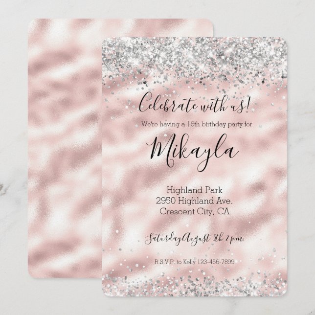 Girly Glam Pink Silver Glitter Sparkle Confetti Invitation (Front/Back)