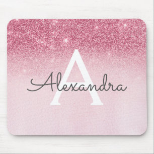 Girly Glam Pink Sparkle Glitter Monogram Mouse Mat