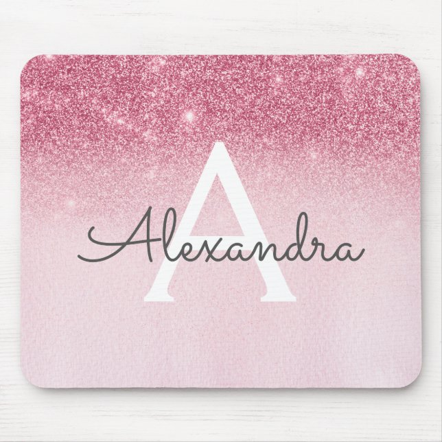 Girly Glam Pink Sparkle Glitter Monogram Mouse Mat (Front)