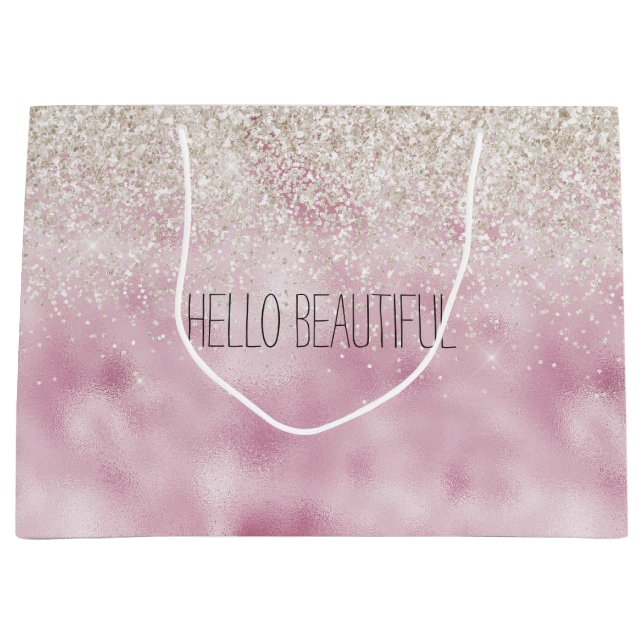 Girly Glam Pink White Glitter Sparkle Large Gift Bag (Front)