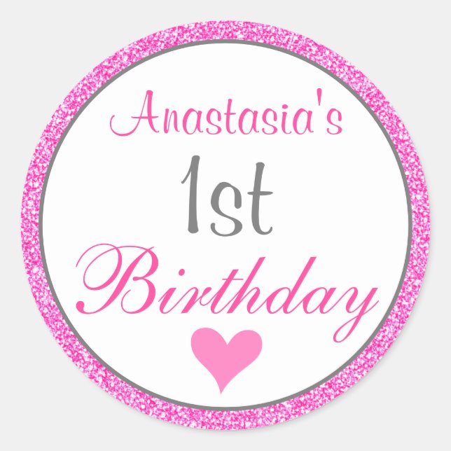 Girly Glam Princess Hot Pink Glitter 1st Birthday Classic Round Sticker (Front)