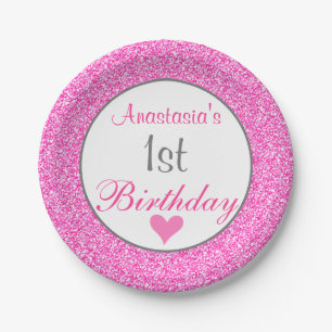 Girly Glam Princess Hot Pink Glitter 1st Birthday Paper Plate