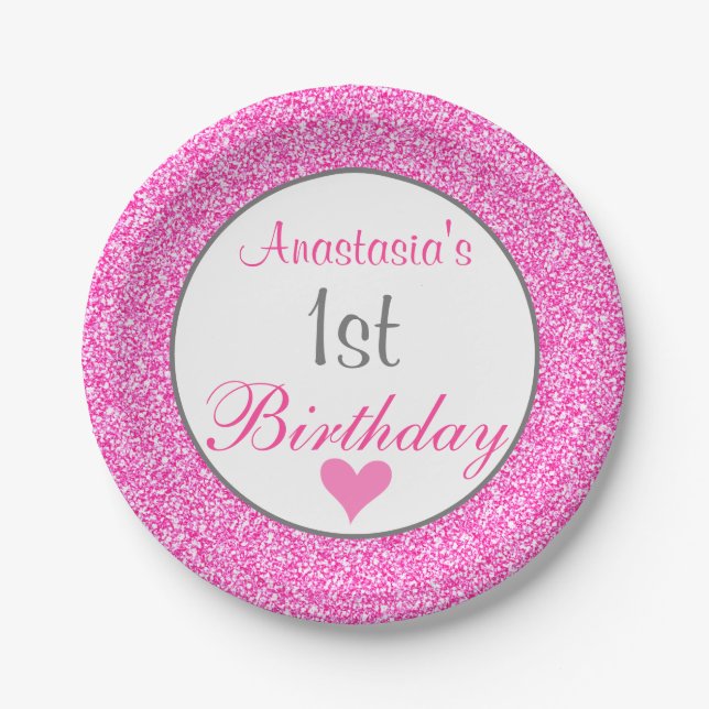 Girly Glam Princess Hot Pink Glitter 1st Birthday Paper Plate (Front)