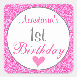 Girly Glam Princess Hot Pink Glitter 1st Birthday Square Sticker