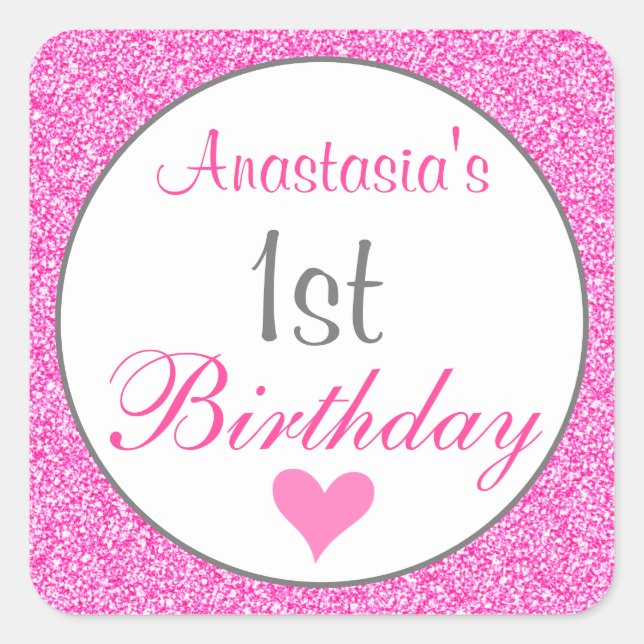 Girly Glam Princess Hot Pink Glitter 1st Birthday Square Sticker (Front)