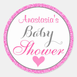 Girly & Glam Princess Hot Pink Glitter Baby Shower Classic Round Sticker