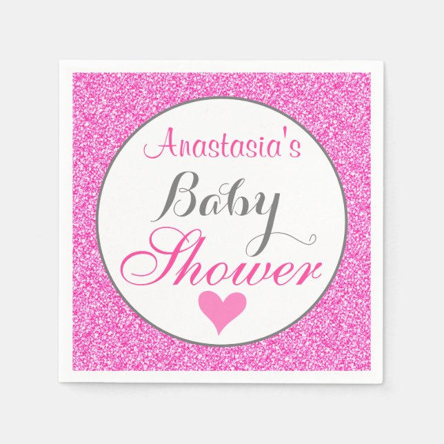 Girly & Glam Princess Hot Pink Glitter Baby Shower Napkin (Front)