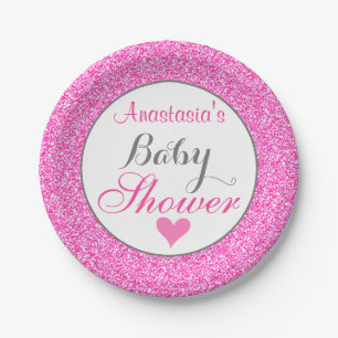 Girly & Glam Princess Hot Pink Glitter Baby Shower Paper Plate