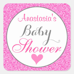 Girly & Glam Princess Hot Pink Glitter Baby Shower Square Sticker