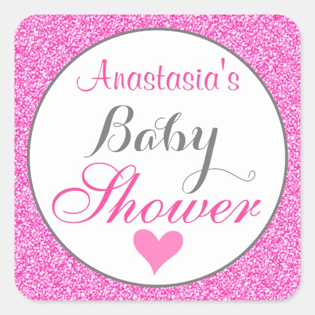 Girly & Glam Princess Hot Pink Glitter Baby Shower Square Sticker (Front)