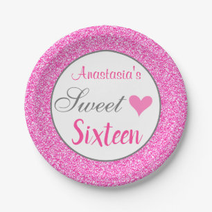 Girly Glam Princess Hot Pink Glitter Sweet Sixteen Paper Plate