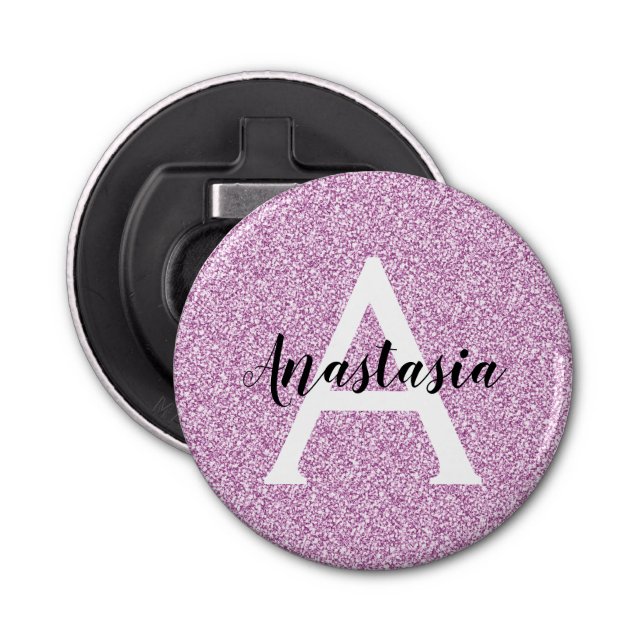Girly Glam Purple Glitter Sparkles Monogram Name Bottle Opener (Front)