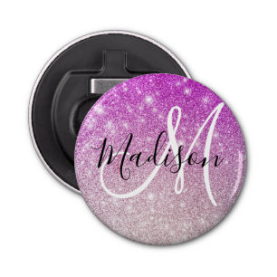 Girly & Glam Purple Glitter Sparkles Monogram Name Bottle Opener