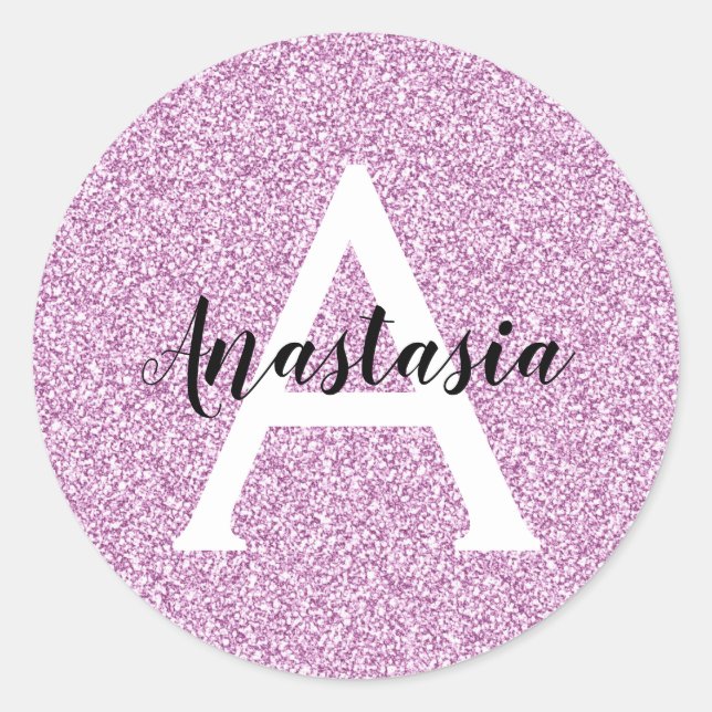 Girly Glam Purple Glitter Sparkles Monogram Name Classic Round Sticker (Front)