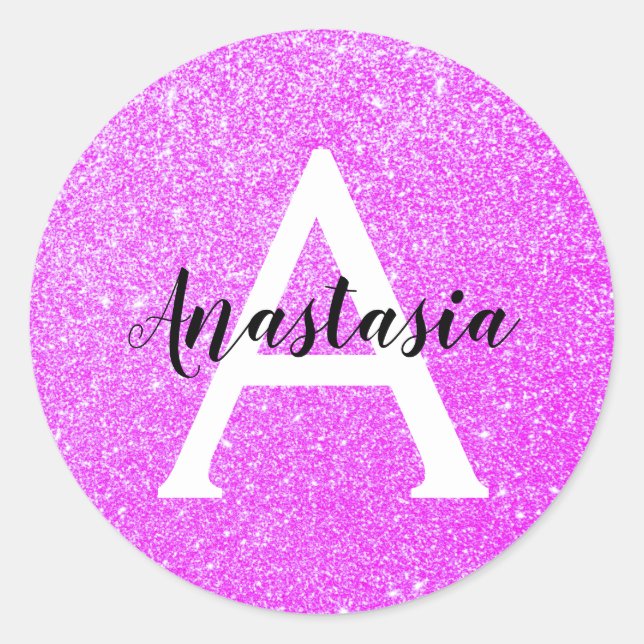Girly Glam Purple Glitter Sparkles Monogram Name Classic Round Sticker (Front)