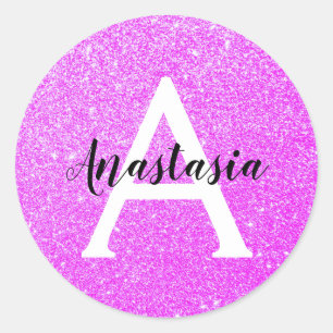 Girly Glam Purple Glitter Sparkles Monogram Name Classic Round Sticker