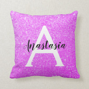 Girly Glam Purple Glitter Sparkles Monogram Name Cushion