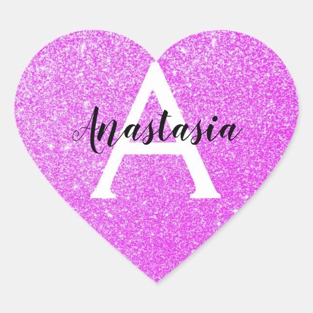 Girly Glam Purple Glitter Sparkles Monogram Name Heart Sticker (Front)