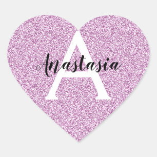Girly Glam Purple Glitter Sparkles Monogram Name Heart Sticker