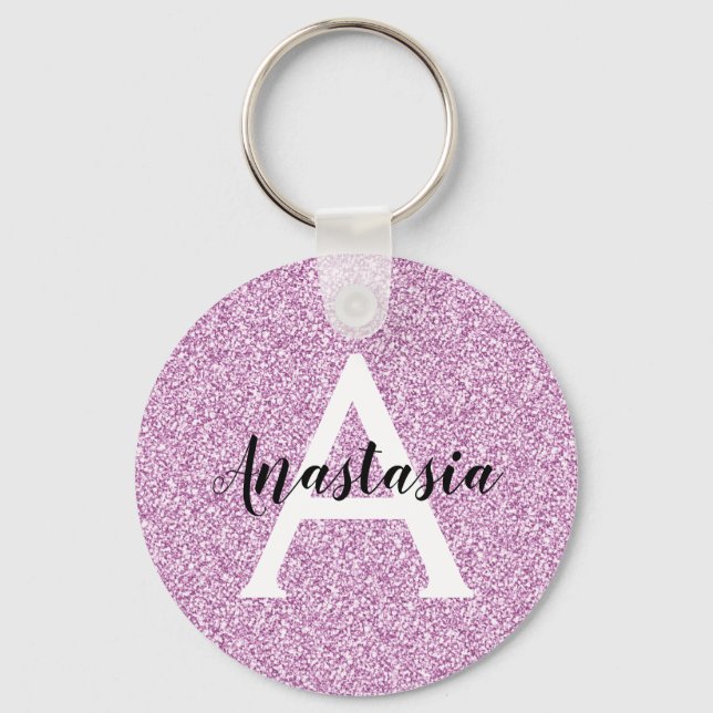 Girly Glam Purple Glitter Sparkles Monogram Name Key Ring (Front)
