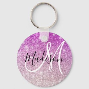 Girly & Glam Purple Glitter Sparkles Monogram Name Key Ring